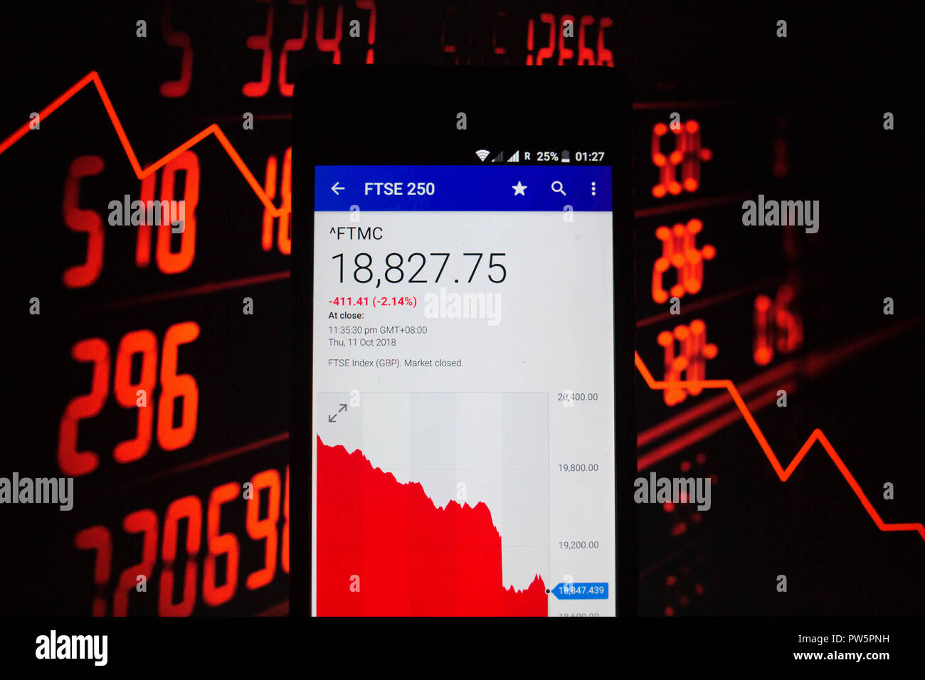 Ein Smartphone zeigt die FTSE 250 Marktwert an der Börse über den Yahoo Finance App. Stockfoto