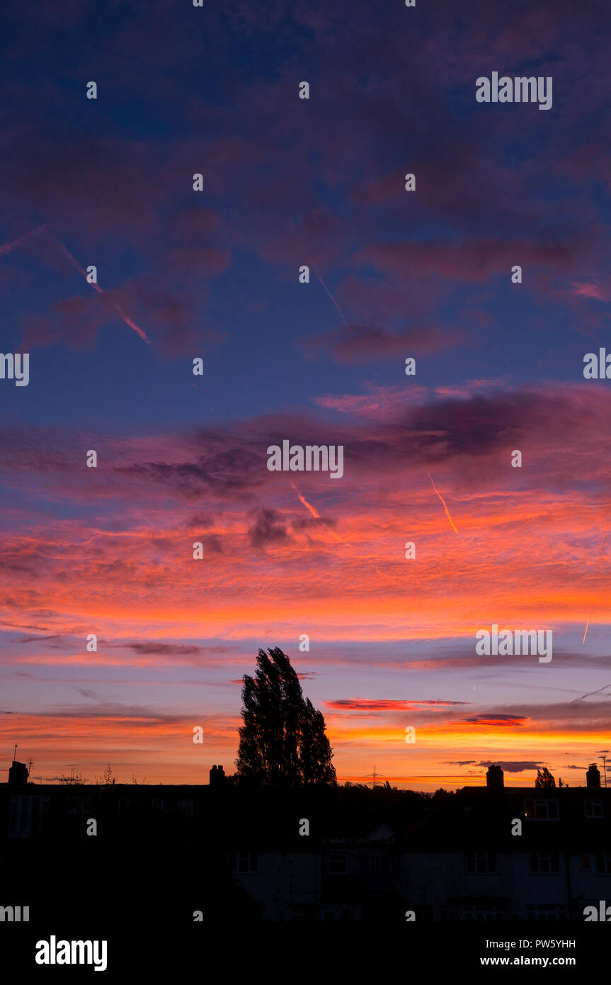 Wimbledon, London, UK. 13. Oktober, 2018. London wacht auf und Red Skies mit Winde aus dem Süden bringt ungewöhnlich warmen Temperaturen bis in die Stadt. Credit: Malcolm Park/Alamy Leben Nachrichten. Stockfoto