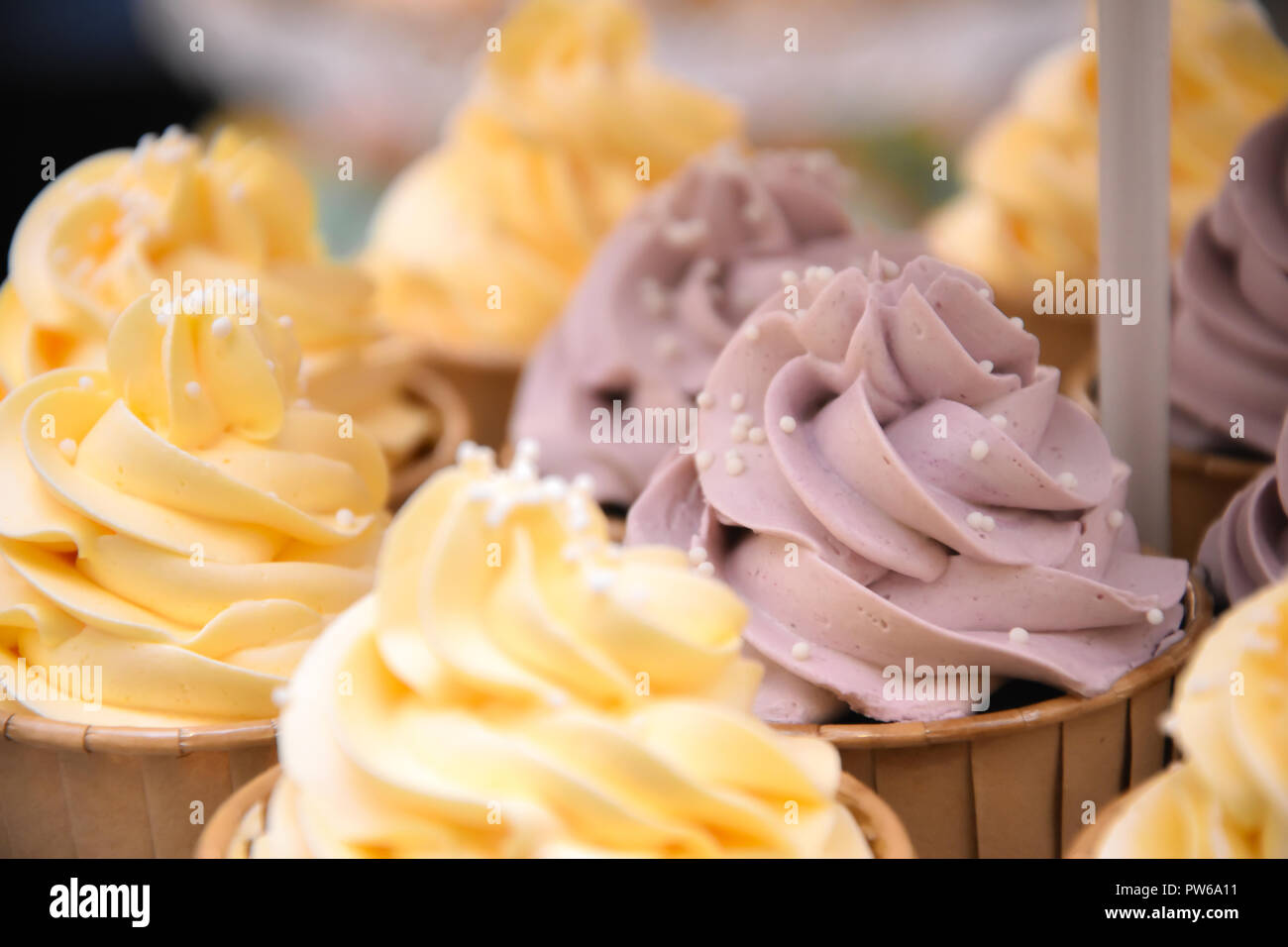 Close up Cup Cake Vanilla Cream topping Pastelltönen Ereignis auf Regale Dekoration Stockfoto