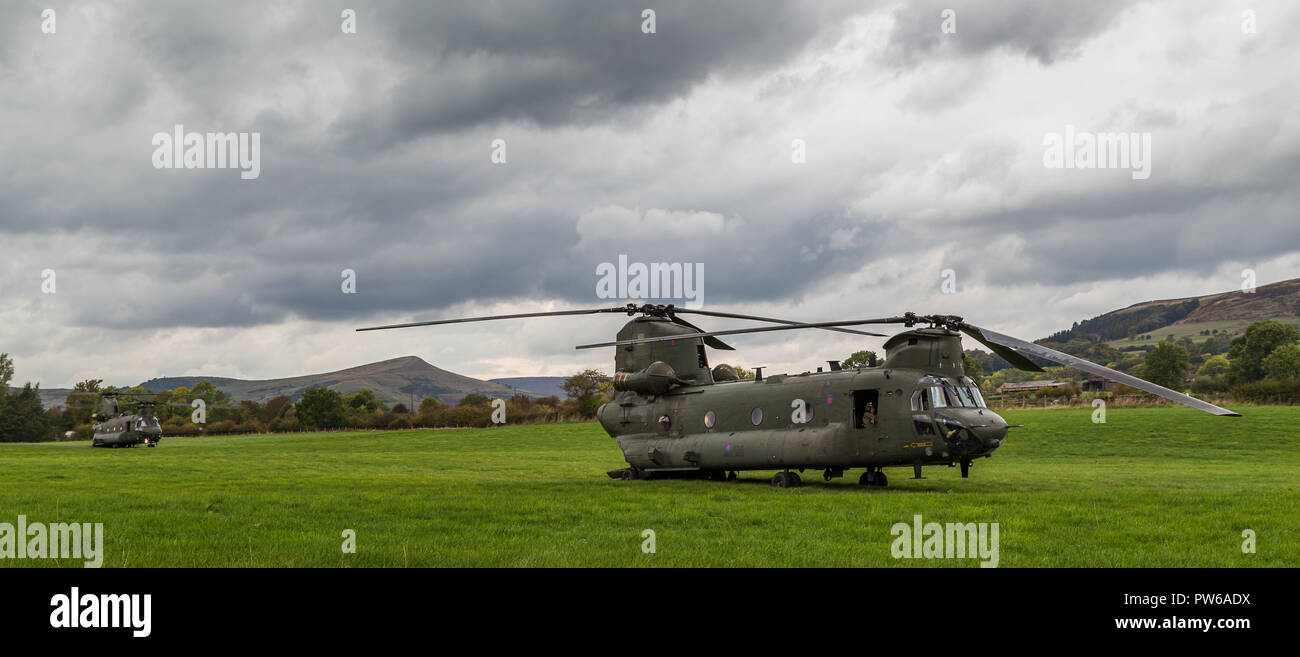 Zwei Royal Air Force CH-47-HC.6A Chinook Hubschrauber in ein Feld nach vorne ein Vogel schlug während der Low Level fliegen. Von der Strasse in der Nähe von Ba gesehen Stockfoto