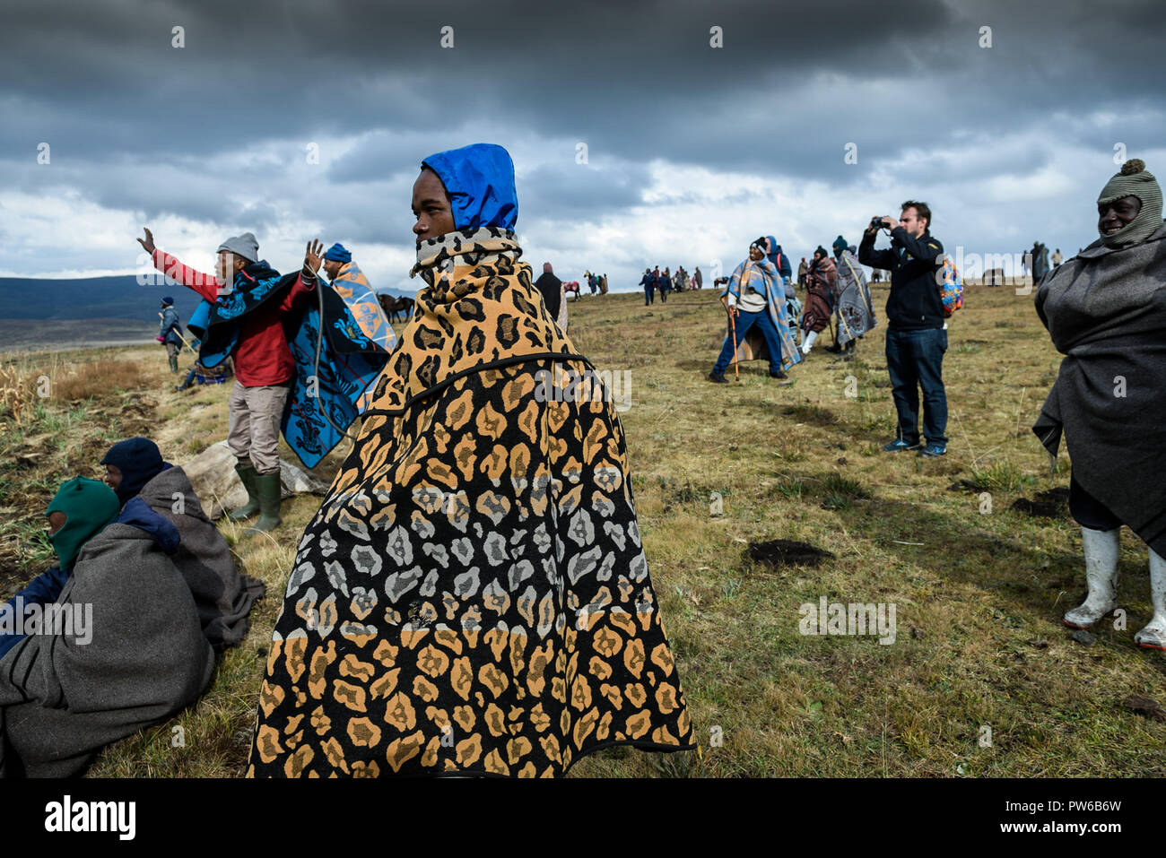 Ein Rennen treffen in Semonkong in Lesotho. Reiter aus umliegenden Dörfer und Gehöfte konkurrieren für einen kleinen Geldbeutel während der Winterspiele Stockfoto