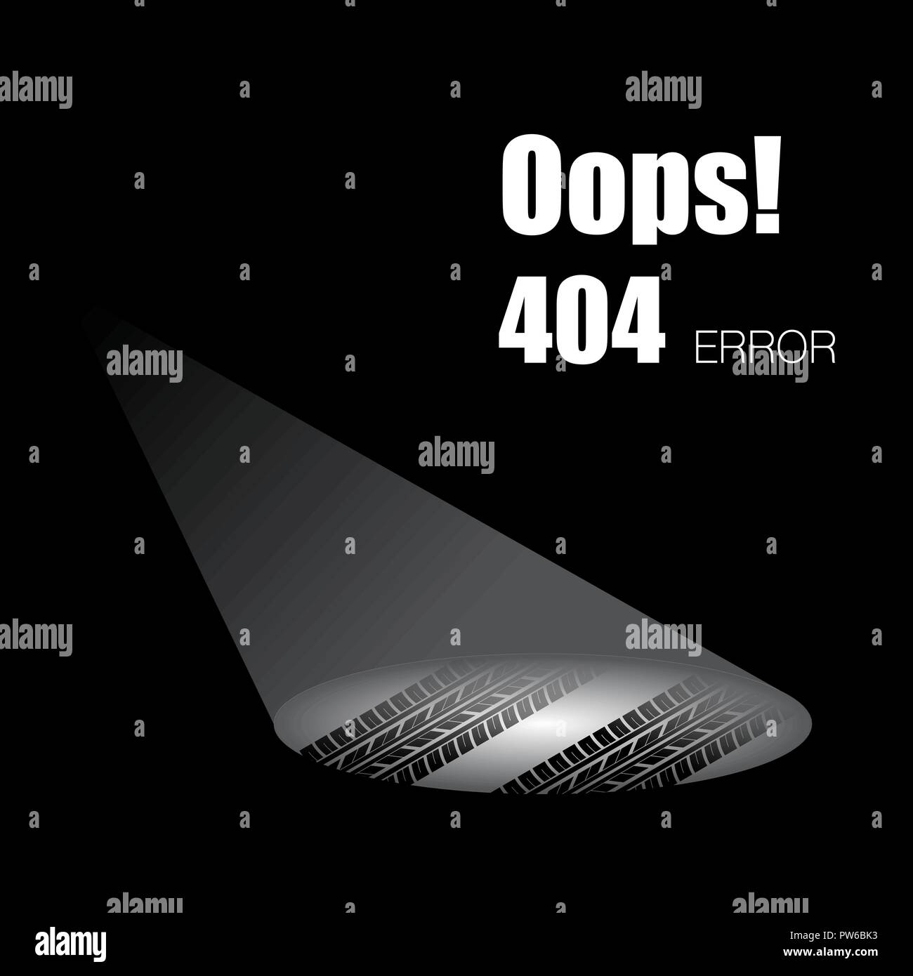 Schwarzer Hintergrund mit Lichtstrahl und reifenspur Pfad 404 Seite Fehler Stock Vektor