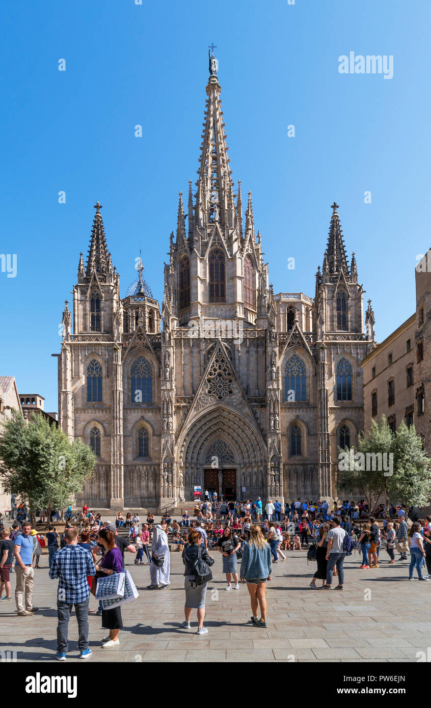 Die Kathedrale von Barcelona. Die Kathedrale der Hl. Kreuz und St. Eulalia von der Plaça de La Seu, Barri Gotic, Barcelona, Spanien Stockfoto