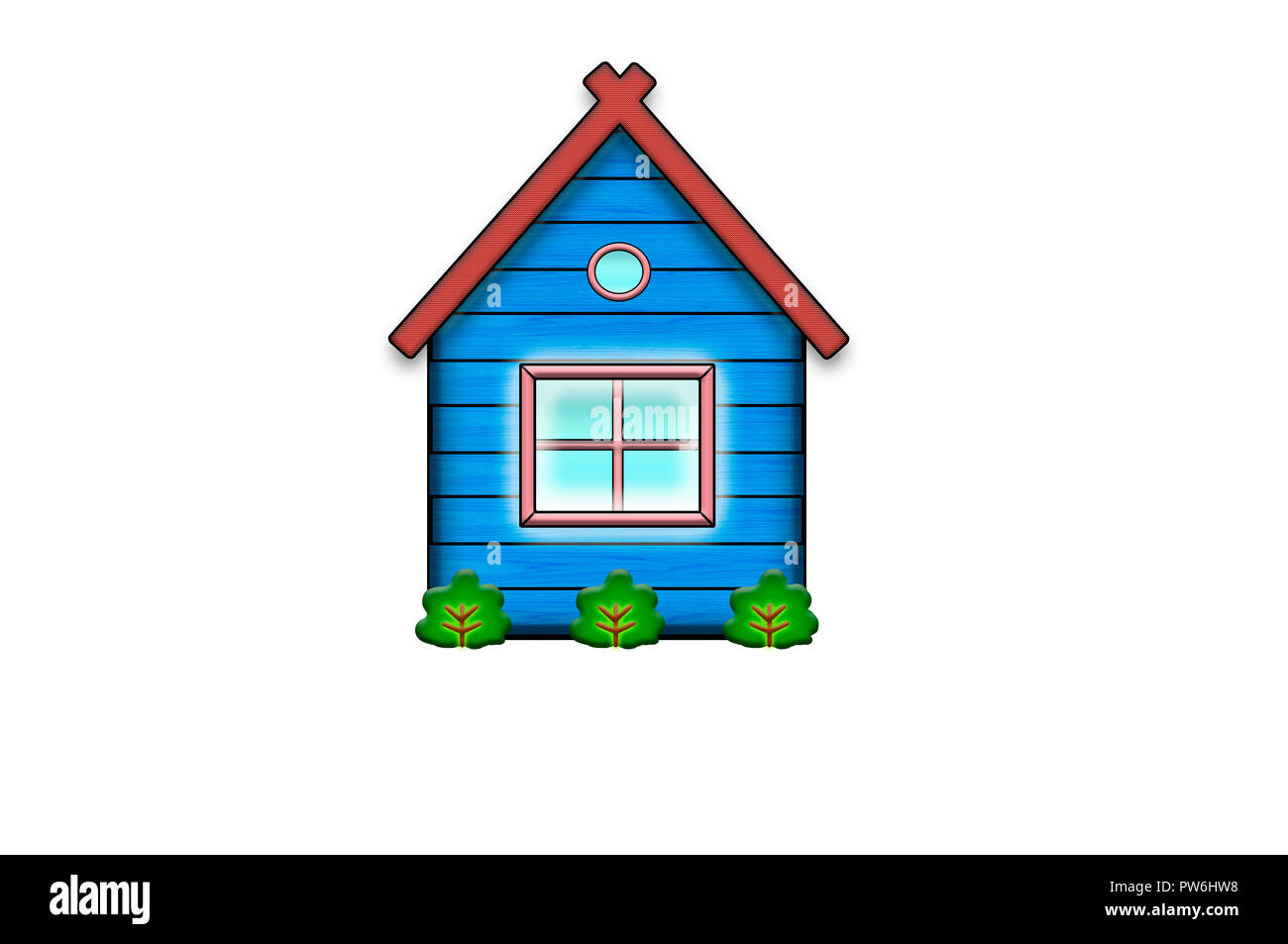 Cartoon Holzhaus blau mit einem großen Fenster und Pflanzen - Der niedliche Kinder Abbildung. Stockfoto