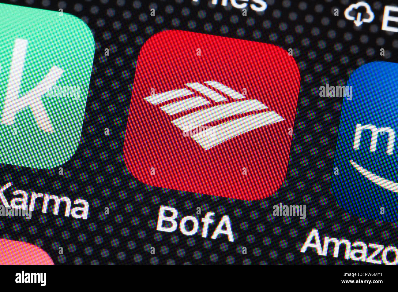 Bank von Amerika app Symbol (B) ein Symbol der App auf dem iPhone (Nahaufnahme, Makro) - USA Stockfoto
