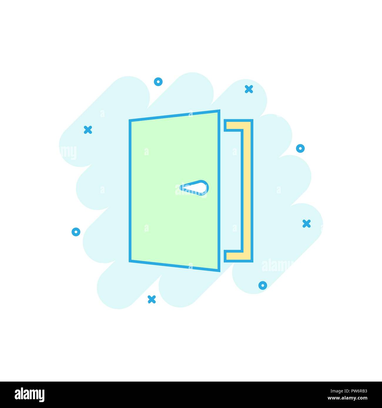 Vektor cartoon Türsymbol im Comic Stil. Ausfahrt Abbildung Piktogramm. Tür splash Wirkung Konzept öffnen. Stock Vektor