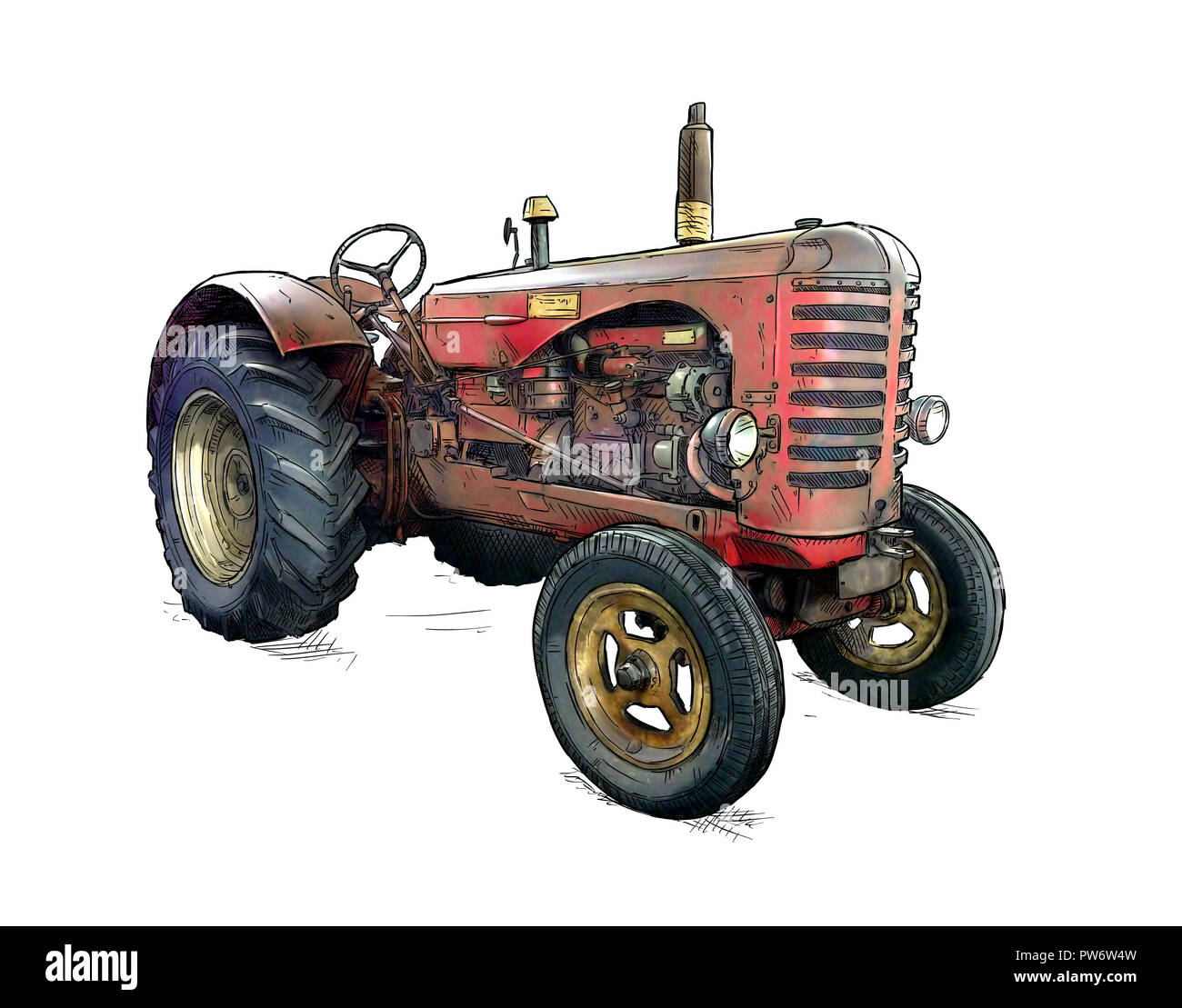 Cartoon oder Comic Stil Abbildung der Alten roten Traktor Stockfoto