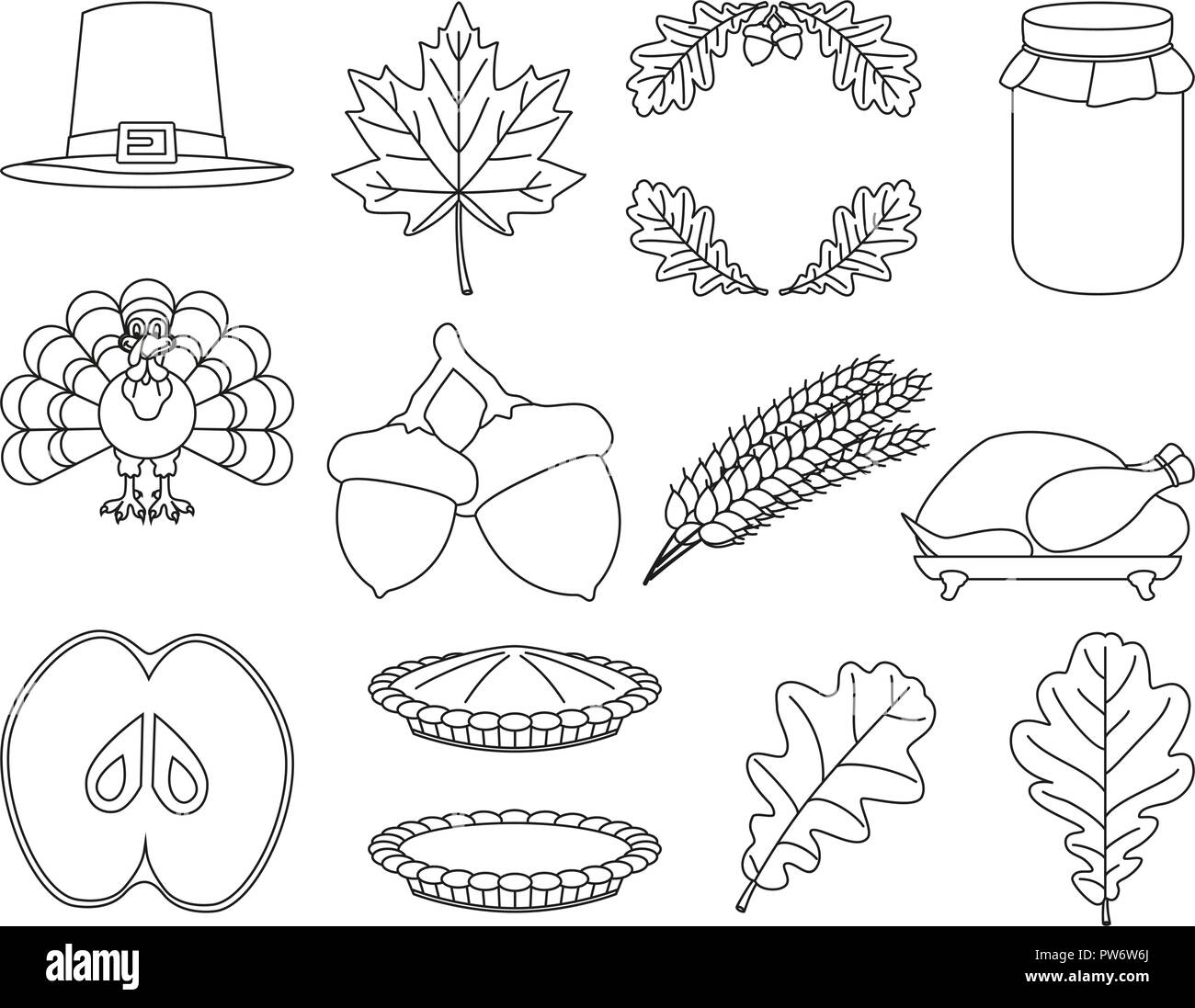 13 schwarze und weiße Linie kunst Thanksgiving Elemente Stock Vektor