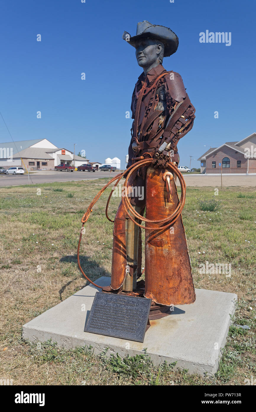Glauben, South Dakota, 7. September 2018: Stahl Statue von Bud Tag der berühmte Cowboy und Rodeo Wettbewerber von South Dakota. Stockfoto