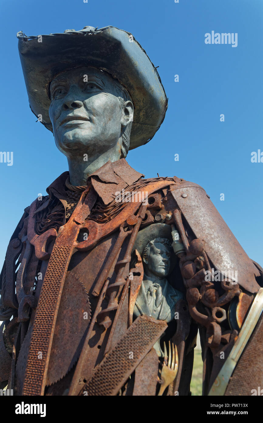 Glauben, South Dakota, 7. September 2018: Stahl Statue von Bud Tag der berühmte Cowboy und Rodeo Wettbewerber von South Dakota. Stockfoto