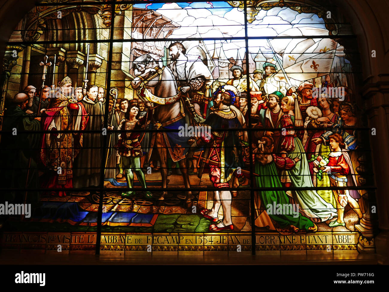 Palais Benediktiner, Äbte Hall, der König Francois 1er in 1534, gebeizt glassFecamp, Seine-Maritime, Normandie, Frankreich, Europa Stockfoto