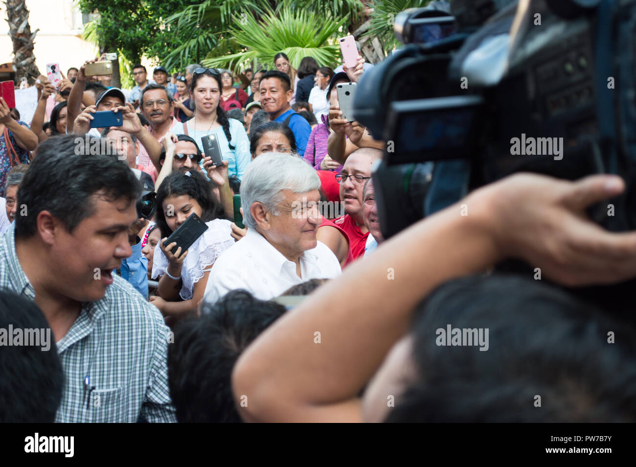 Des neu gewählten Präsidenten von Mexiko, Andres Manuel Lopez Obrador bei seinem Besuch in Merida, Yucatan, Oktober 2018. Stockfoto