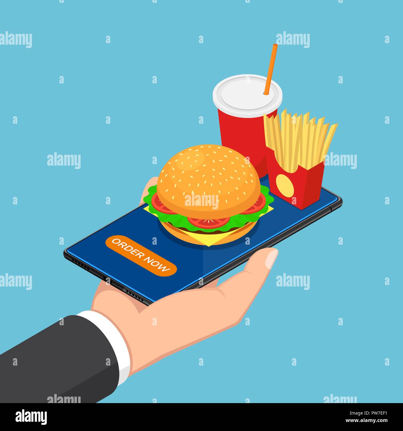 Wohnung 3 d isometrische Geschäftsmann hand Smartphone mit Fast Food, Burger, Pommes frites und einem Getränk. Online Food Delivery Konzept. Stock Vektor