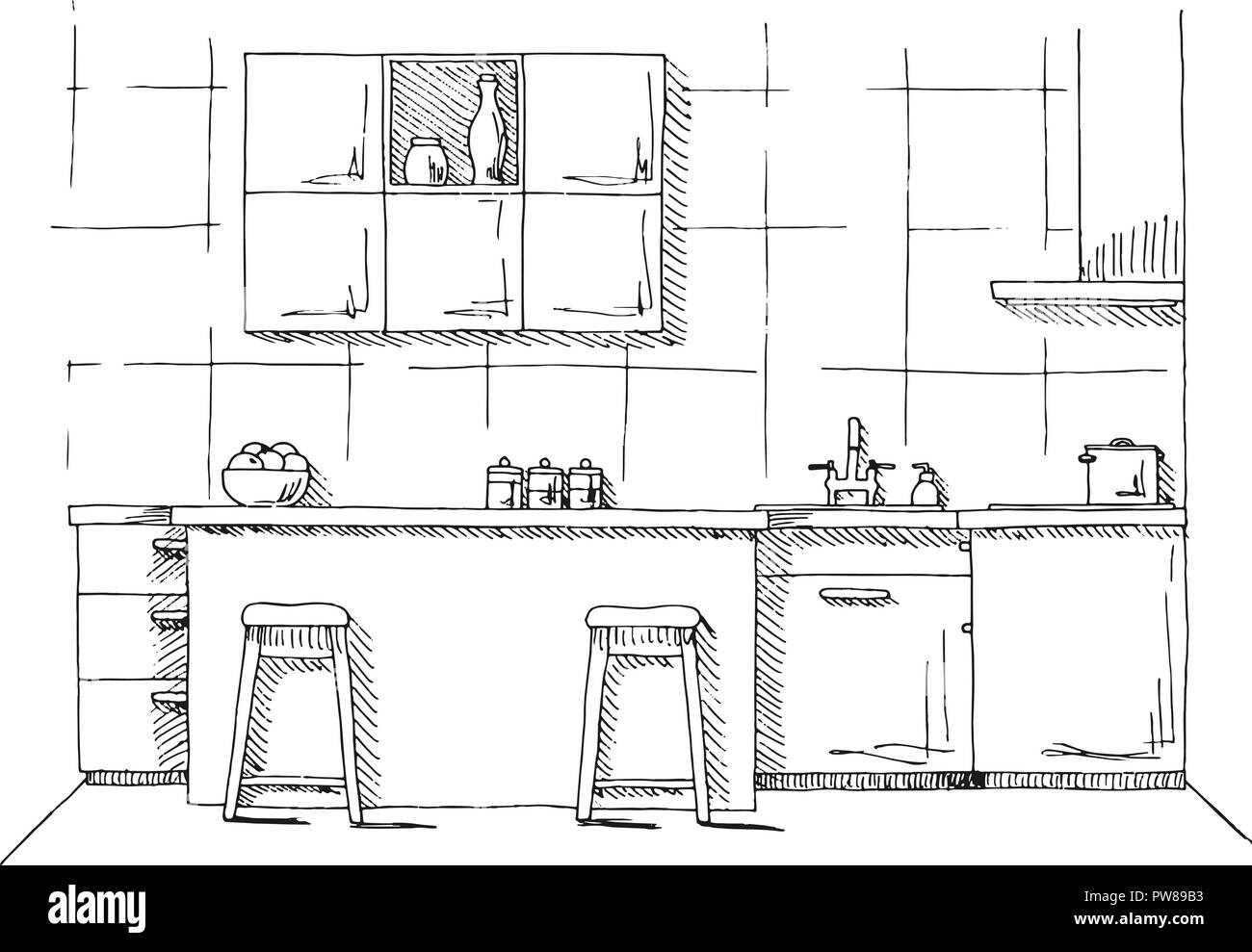 Hand gezeichnet Küchenmöbel. Vector Illustration in Skizze Stil Stock Vektor