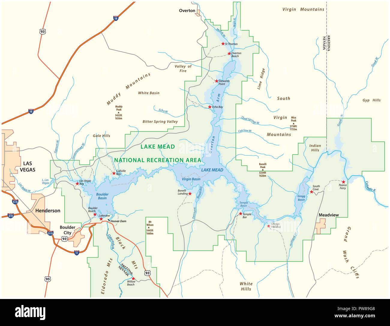Lake Mead Vektorkarte, Nevada, Arizona, United States. Stock Vektor