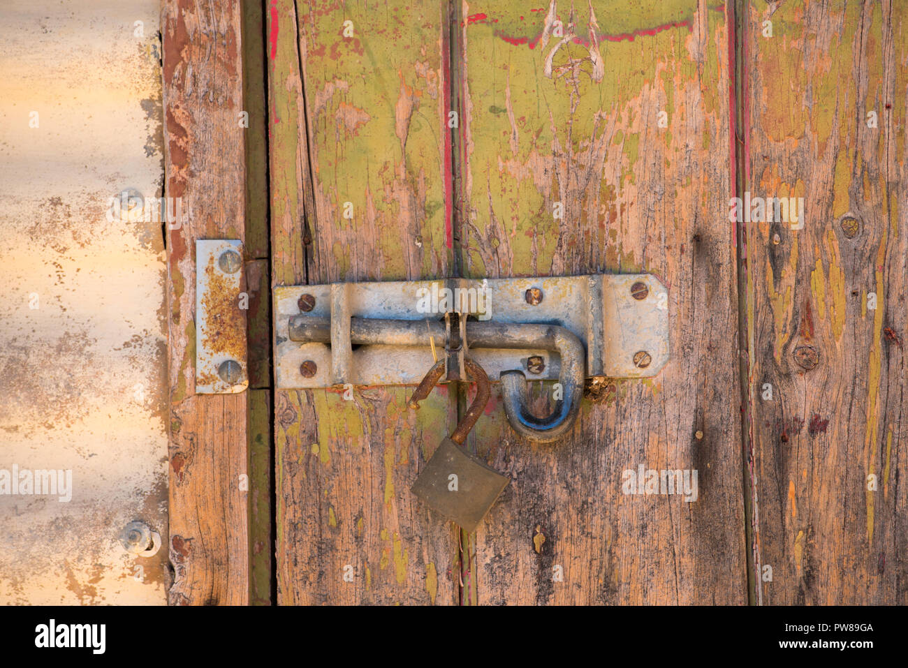 Eine alte Folie Bolzen oder Pad Schraube auf einem rustikalen Stalltür auf dem historischen Grundstück Rowlee in Orange, New South Wales, Australien Stockfoto