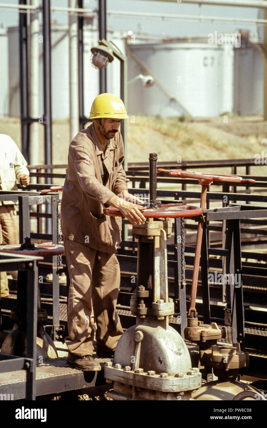 Ziehen Sie die Ventile an der Algier Naftec Raffinerie, einer Tochtergesellschaft von Sonatrach, einer von vier Algeriens Raffinerien. Kohlenwasserstoffe spielen eine entscheidende Rolle in der algerischen Wirtschaft, entfallen rund 60 % der Haushaltseinnahmen und über 95% der Exporterlöse. Die US-amerikanische Energy Information Administration berichtete, dass im Jahr 2005, Algerien hatte 160 Billionen Kubikfuß (TCF) der nachgewiesenen Erdgasreserven, die achtgrößte der Welt. Stockfoto