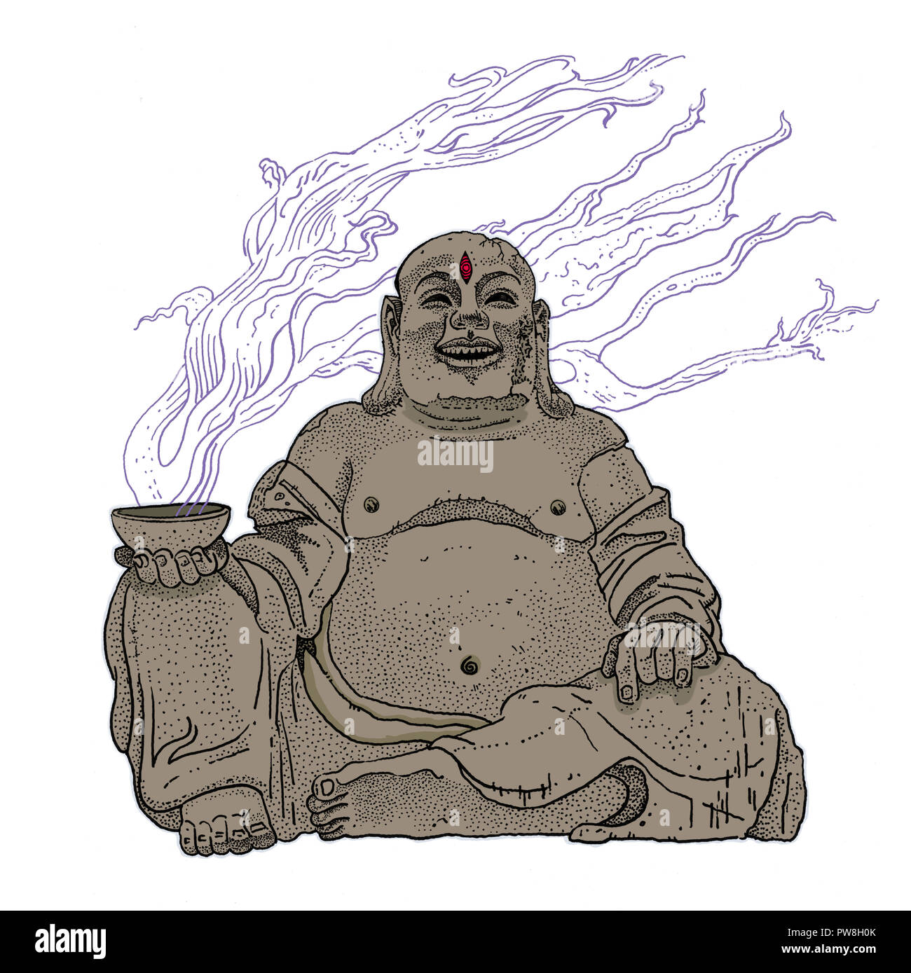 Fantasy Stein Budai, Hotei oder fat Buddha, asiatische folkloristische Gottheit eine dampfende Tasse, Geste des Heavy Metal Hörner und das dritte Auge. Rock, Heavy Metal Stockfoto