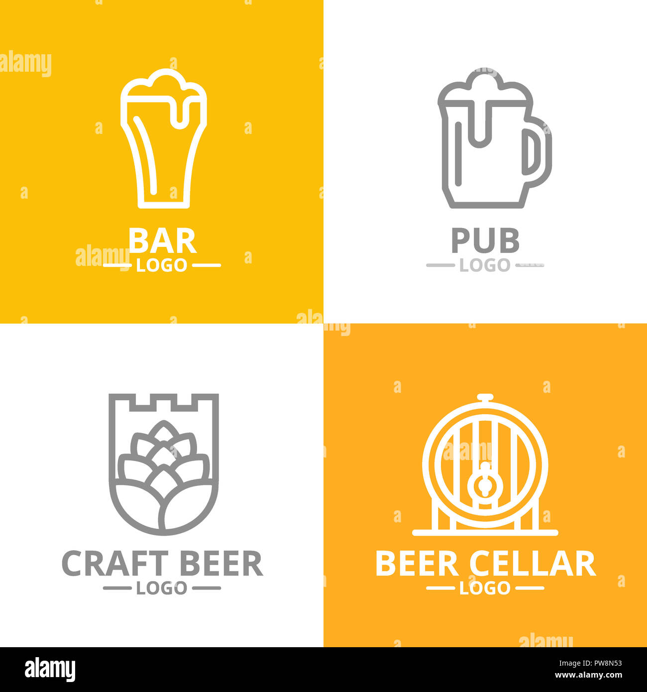 Satz von Bier und Alkohol, hop, fass Logo oder Abzeichen, Embleme, Etiketten und Abzeichen. Stockfoto