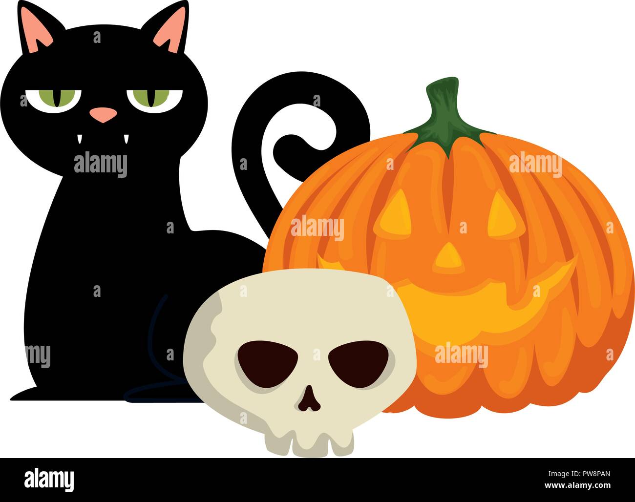 Halloween black cat mit Totenkopf und Kürbis Vector Illustration Design Stock Vektor