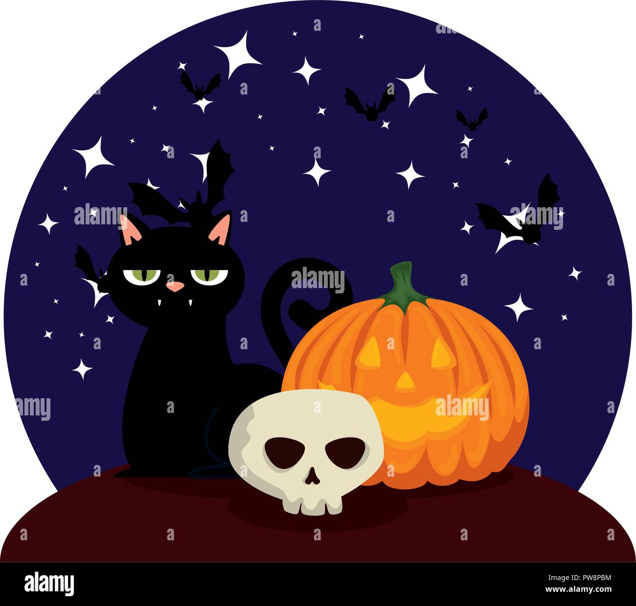 Halloween black cat mit Totenkopf und Kürbis Vector Illustration Design Stock Vektor