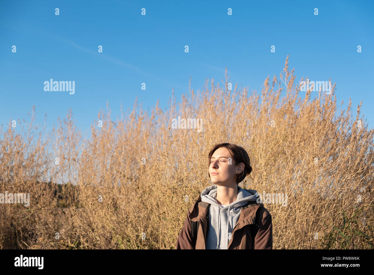 Junge Frau genießt die Herbstsonne. Weibliche in Parka im Freien auf einer Wiese auf einem hellen sonnigen Nachmittag Stockfoto