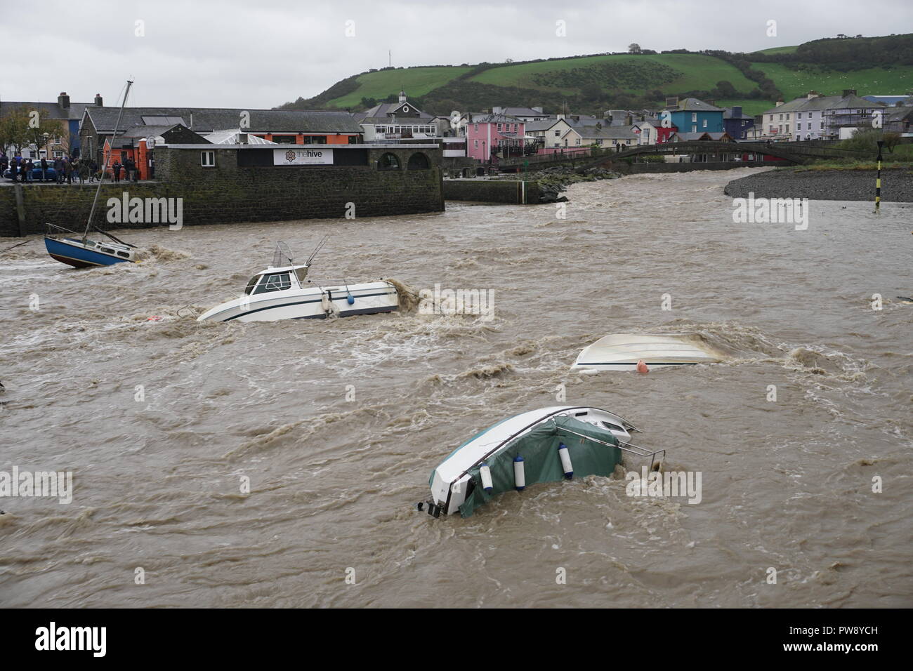 Aberaeron, UK. 13. Oktober 2018. Ein Bild der Verwüstung in Aberaeron Hafen auf der West Wales Küste am Nachmittag als schwerer Regen und starkem Wind vom Sturm Callum weiterhin Chaos zu verursachen. Flut, Wasser aus dem Fluss Aeron mit Bäumen und grossen Niederlassungen Crash in Boote es Schäden an vielen und völlig versinken. Credit: Anthony Pugh/Alamy leben Nachrichten Stockfoto