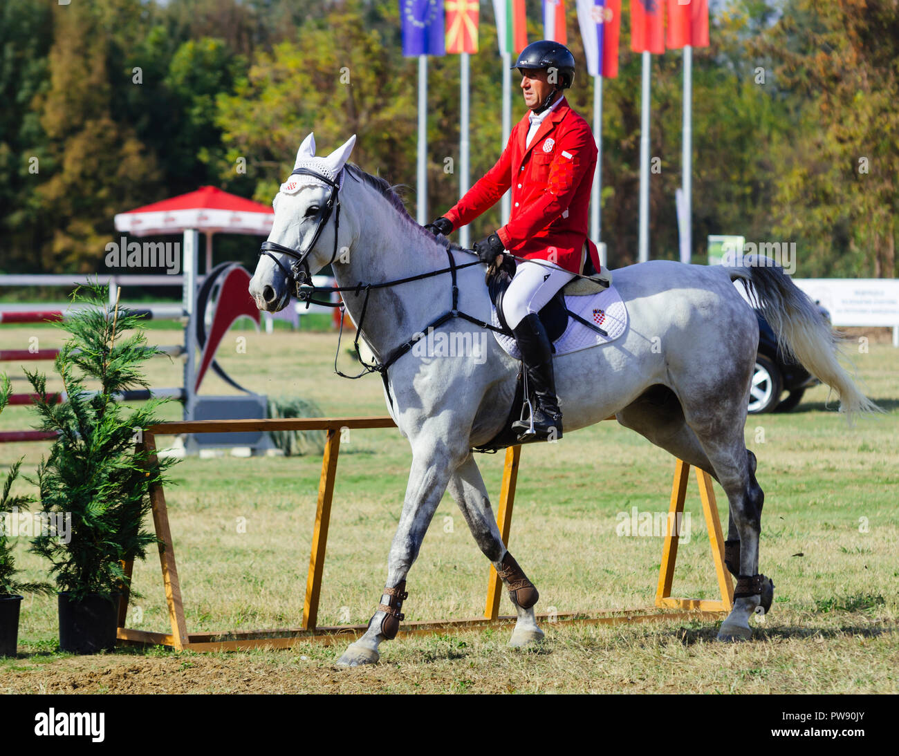 Hippodrom, Skopje, R, Mazedonien. Oktober 13, 2018, 13:00 Uhr MESZ Die Föderation der Pferdesport von Mazedonien organisiert das internationale Turnier kopje 2018'-Memorial Cup 'Dr. Josif Naumovski' im Hippodrome. Sechs Spiele sind vorhergesagt, nach internationalen Standards, in der das Überspringen von Hindernissen in einer Höhe von 1 bis 1,3 Meter. Credit: Dragan Ristovski/Alamy leben Nachrichten Stockfoto