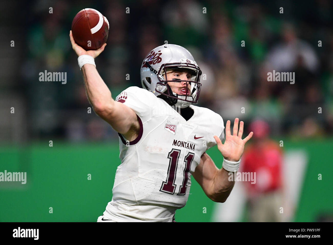 Oktober 13, 2018: Montana Grizzlies quarterback Dalton Sneed (11) den Ball während eines NCAA FCS Fußballspiel zwischen den Montana Grizzlies und von der Universität von North Dakota Kampf gegen die Falken an der Alerus Center, Grand Forks, North Dakota. North Dakota besiegte Montana 41-14. Russell Hons/CSM Stockfoto