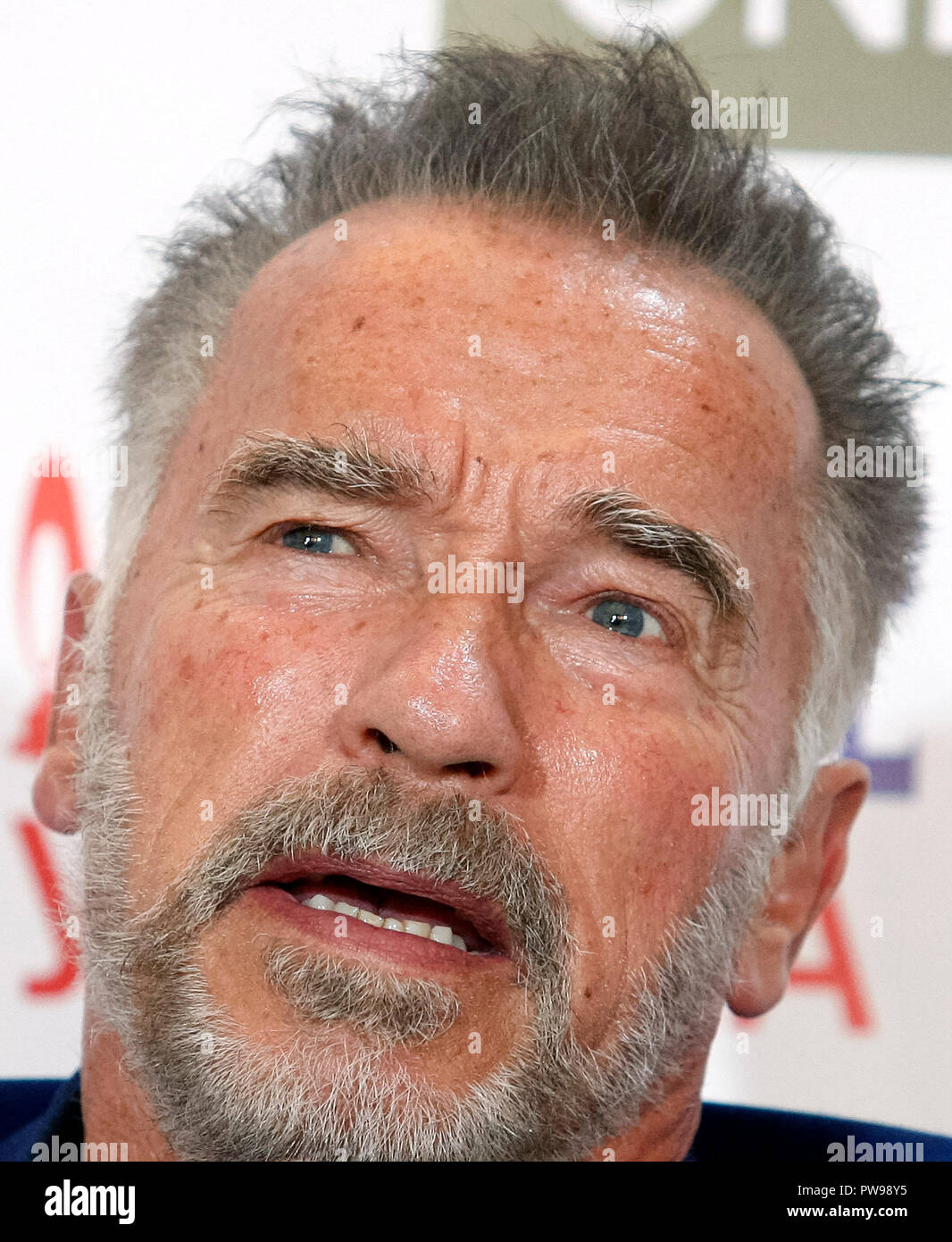 Kiew, Ukraine. 13 Okt, 2018. Österreichisch-US-amerikanische Schauspieler und ehemaliger Gouverneur von Kalifornien, Arnold Schwarzenegger wird beobachtet, als er während der 'Olerom Forum Ein', eine jährliche Business Forum "Mensch, Technik & Transformation'. Die Konferenz zog Geschäftszahlen aus der Ukraine, aus den GUS-Staaten und Europa. Credit: SOPA Images Limited/Alamy leben Nachrichten Stockfoto