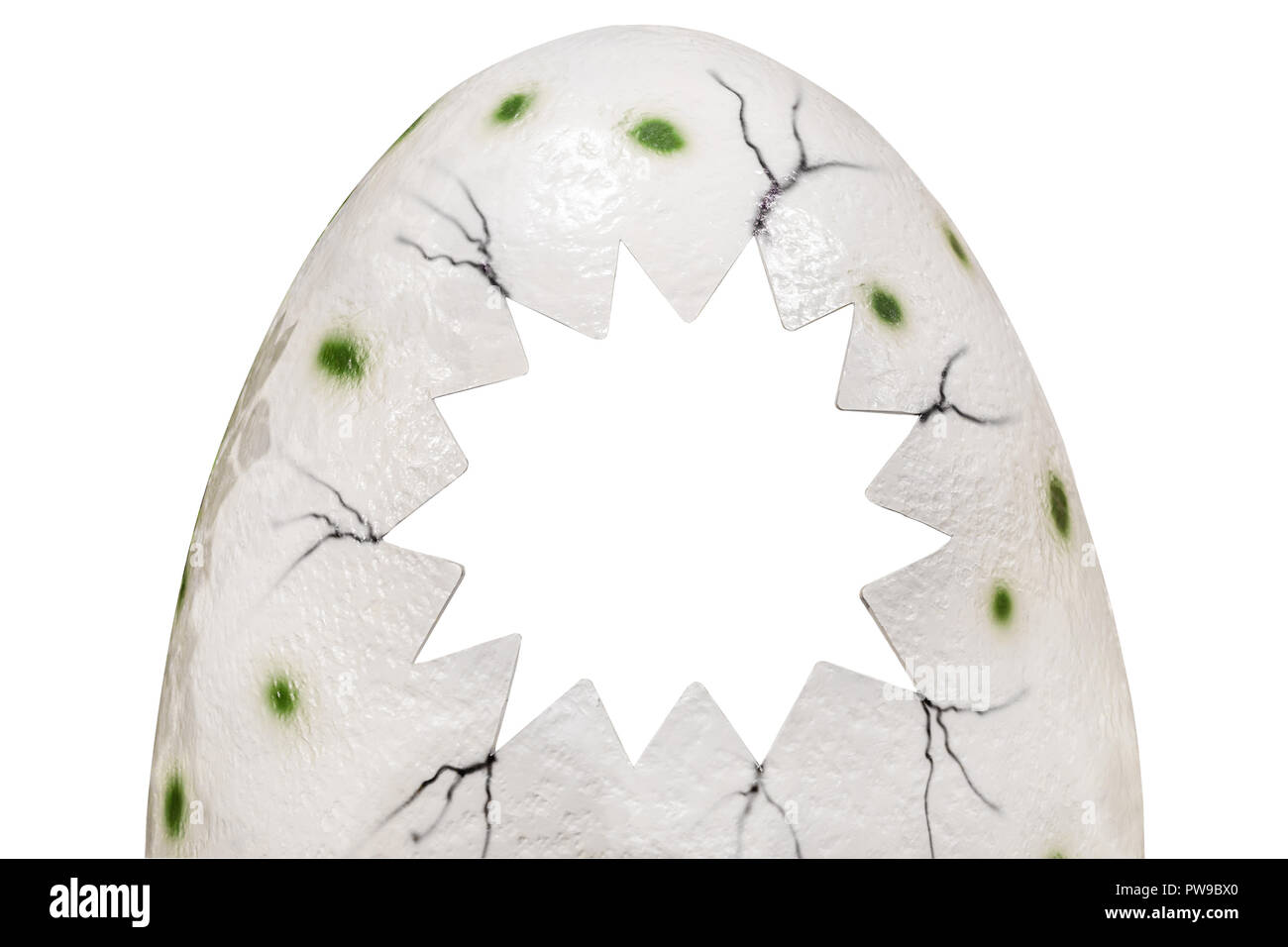 Große Risse moulage von Dinosaur eierschale mit Platz für Foto oder Text. Auf weiß isoliert. Spaß Dekoration Vorlage Stockfoto