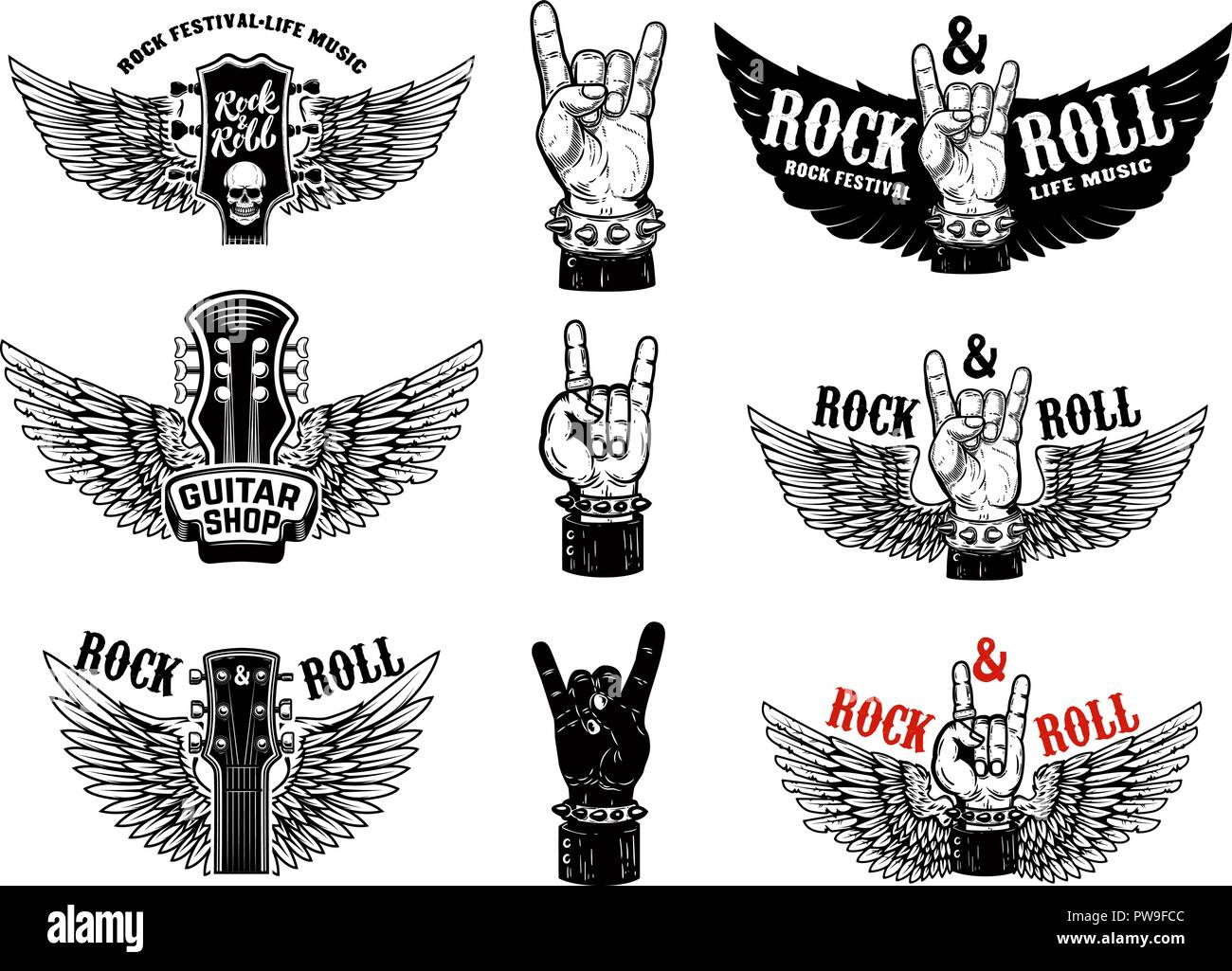 Satz von Vintage rock music fest Embleme. Hand mit Rock und Roll mit Flügeln. Design Element für Logo, Etiketten, Zeichen, Poster, T-Shirt. Vektor illustr Stock Vektor