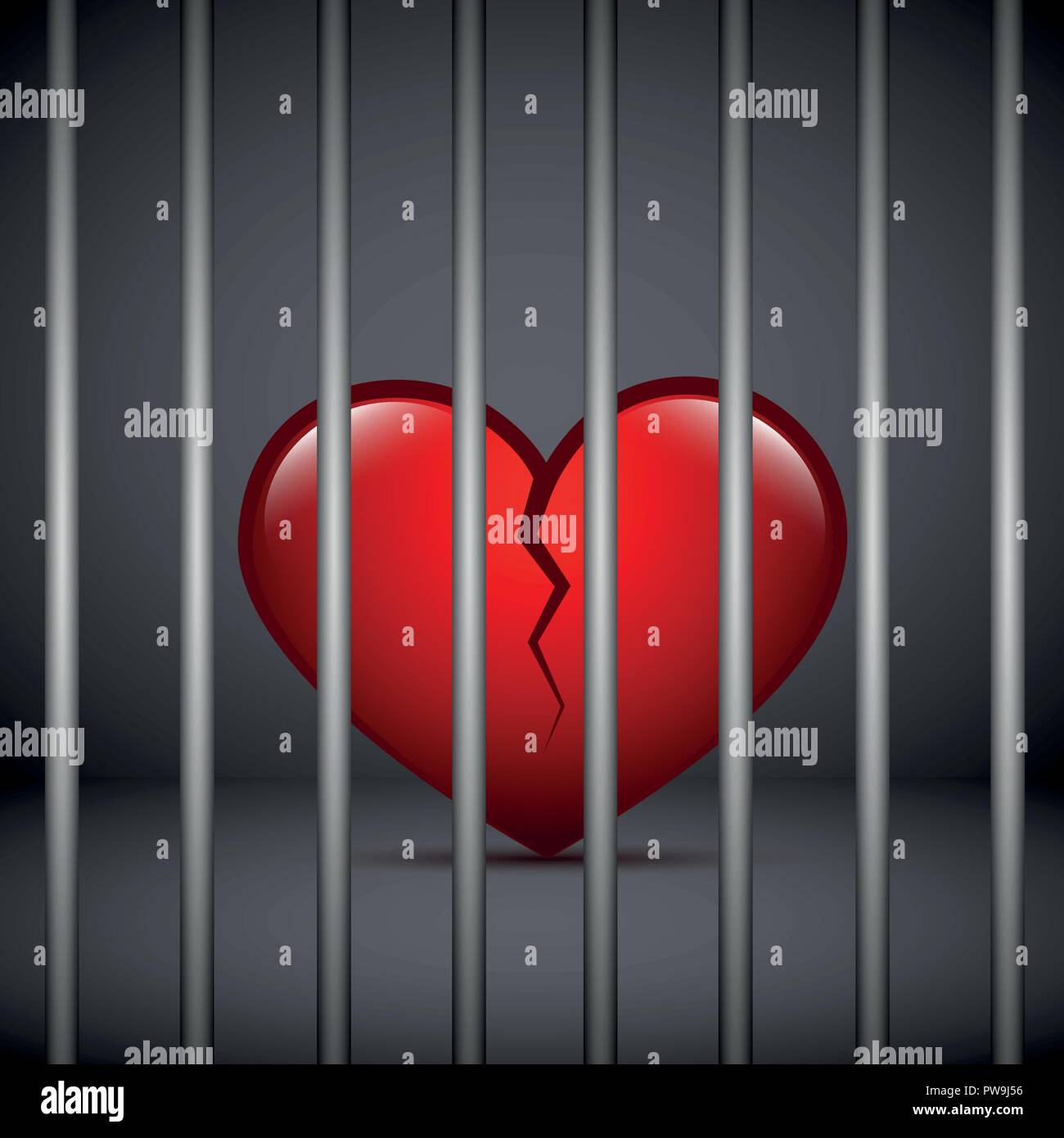 Red gebrochenes Herz in einem Gefängnis auf dunklem Hintergrund Vektor-illustration EPS 10. Stock Vektor