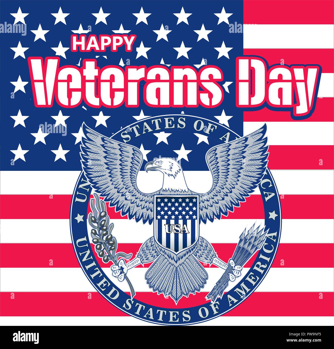 Ehrt alle, die dienten. Veterans Day. Der trend Kalligraphie. Vector Illustration auf weißem Hintergrund. Herzen in Form einer amerikanischen Flagge. Große ho Stock Vektor