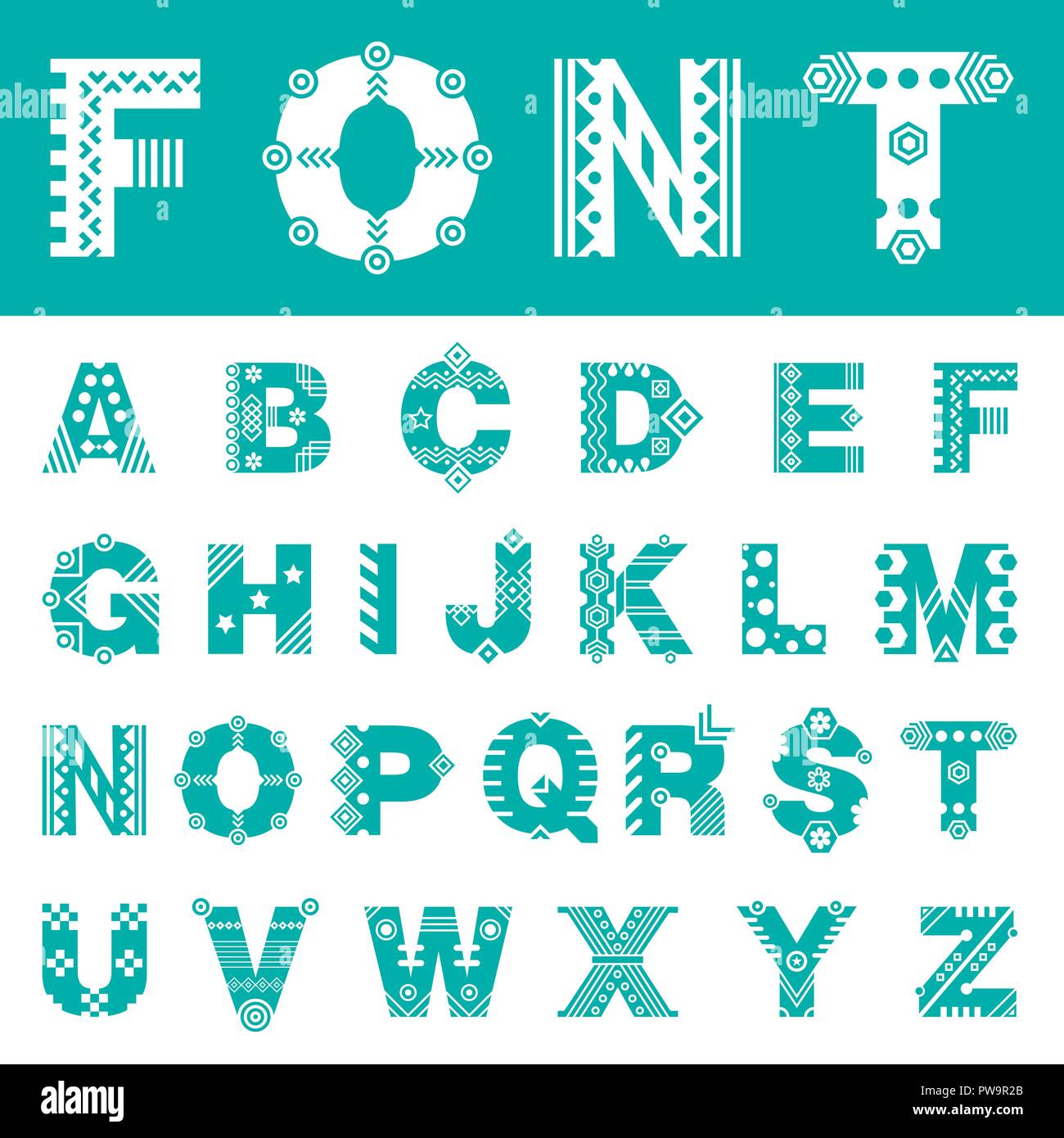 Font mit Ornament. Schrift der lateinischen Buchstaben Stock Vektor