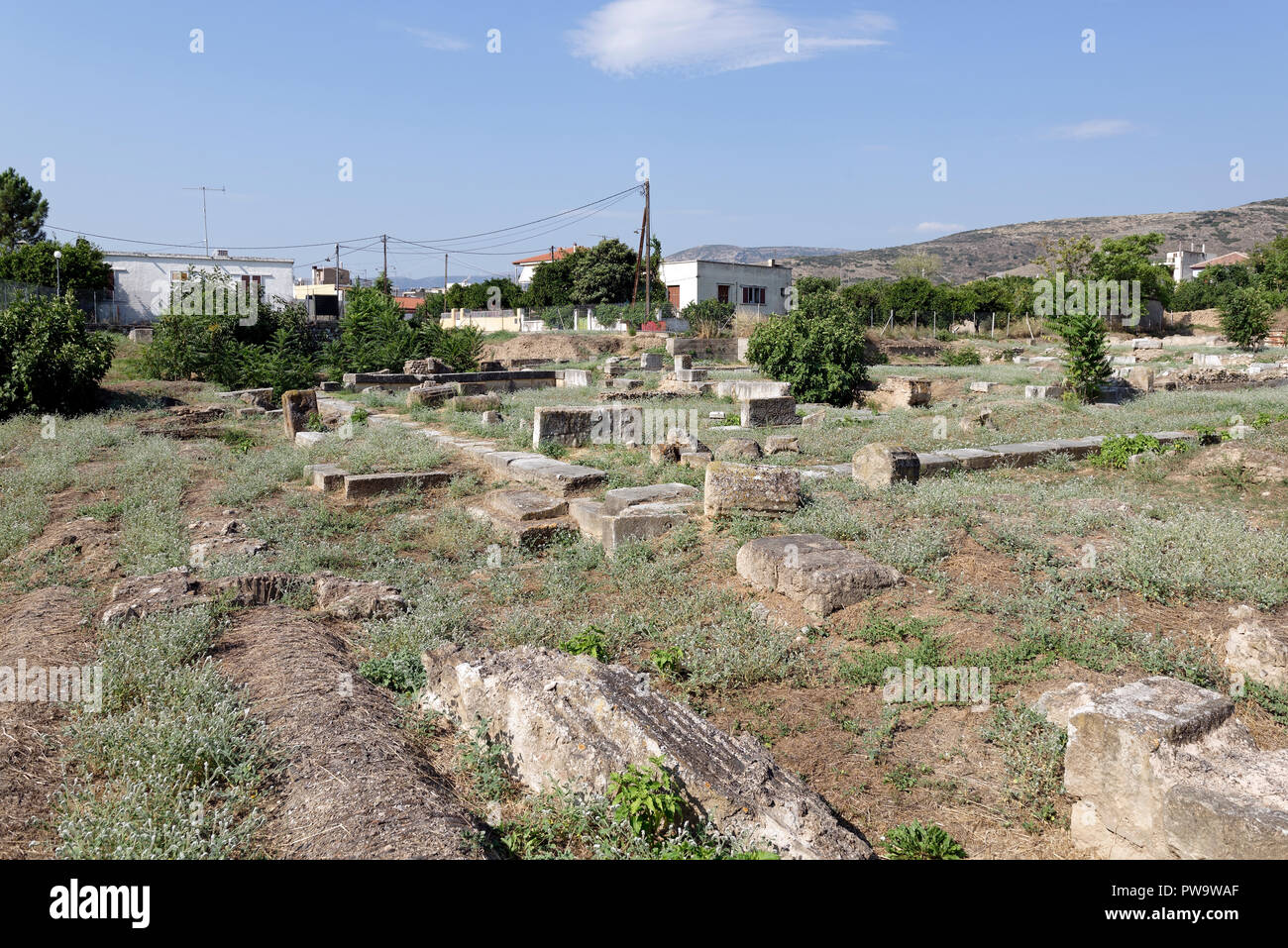 Bleibt der Südlichen Galerie und Palaestra, die am südlichen Ende der Agora des alten Argos, Peloponnes, Griechenland begrenzt. In 450-425 v. Chr. gegründet Stockfoto