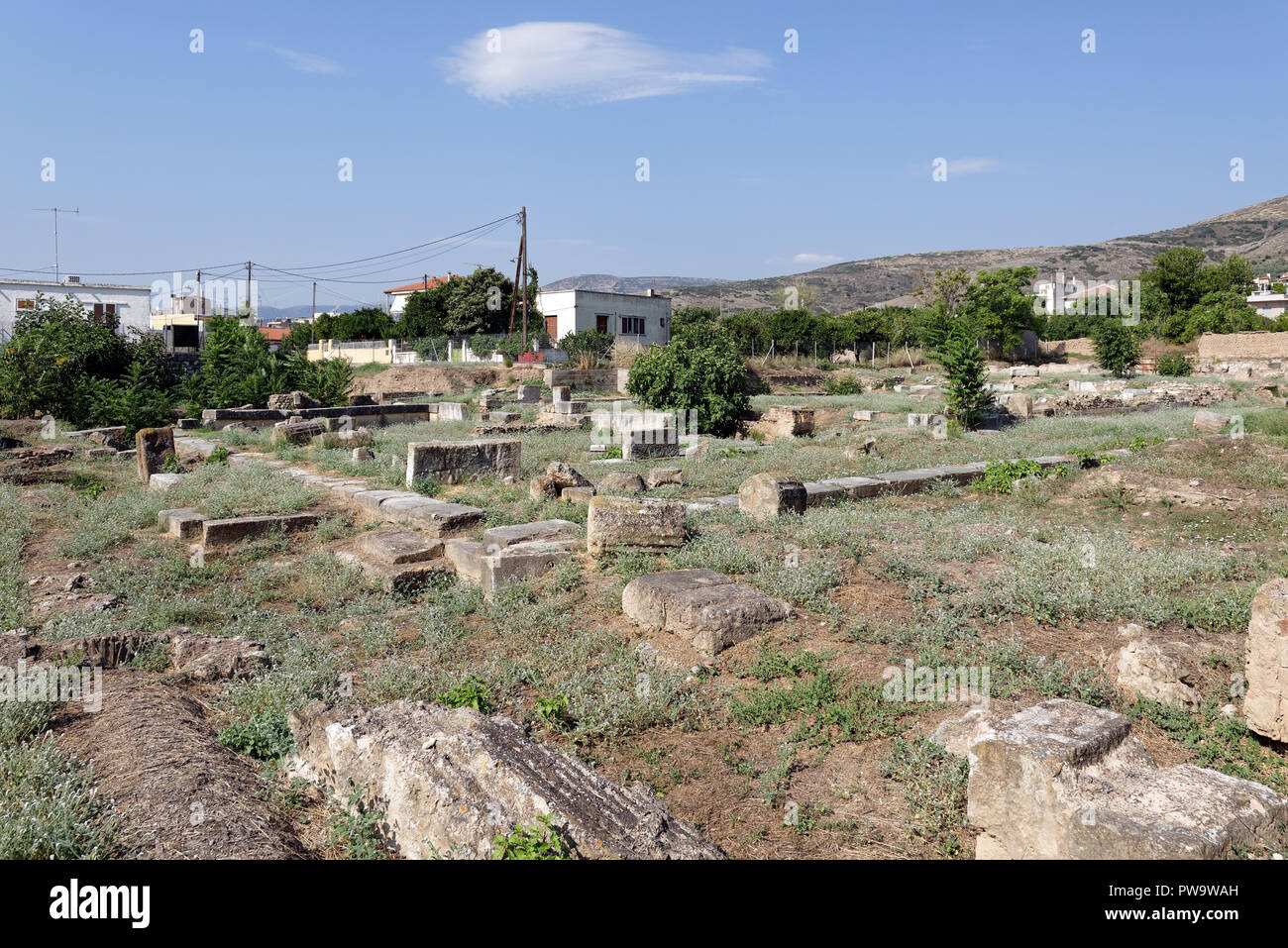 Bleibt der Südlichen Galerie und Palaestra, die am südlichen Ende der Agora des alten Argos, Peloponnes, Griechenland begrenzt. In 450-425 v. Chr. gegründet Stockfoto