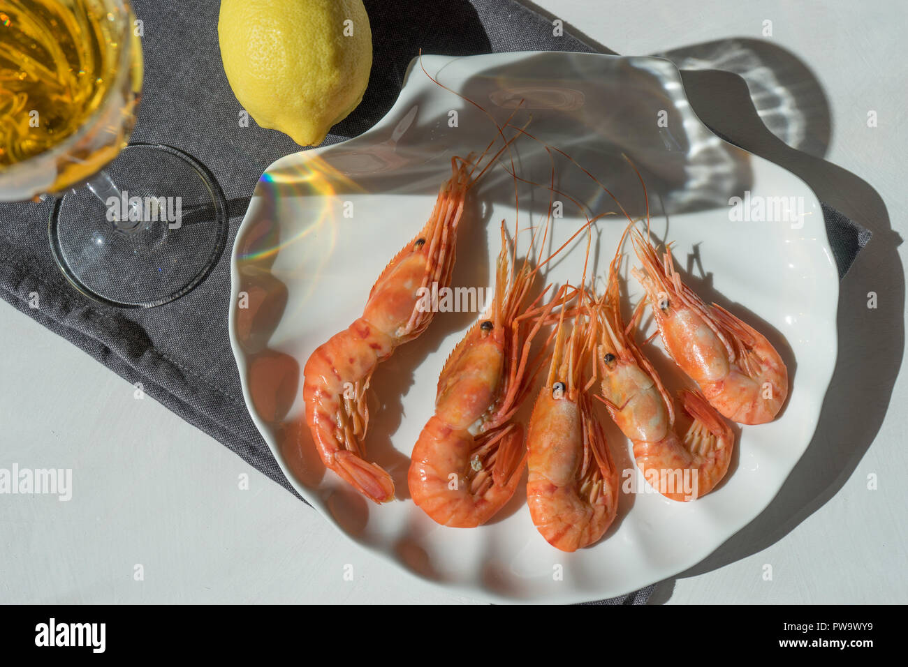 Wein in ein Glas auf einem Hintergrund von Meeresfrüchten auf einem weißen Teller in Form einer Shell in hellem Sonnenlicht. Stockfoto