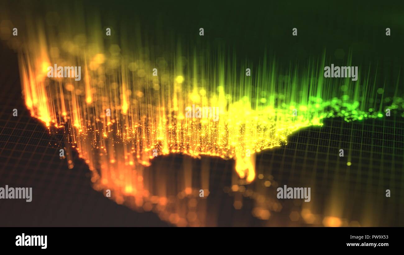 Leuchtende Stadt und menschlichen Bevölkerungsdichte Bereiche mit steigenden daraus. Blick auf Amerika. 3D-Darstellung Stockfoto