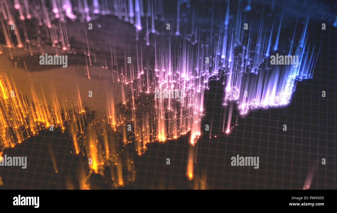 Leuchtende Stadt und menschlichen Bevölkerungsdichte Bereiche mit steigenden daraus. Blick auf Asien. 3D-Darstellung Stockfoto