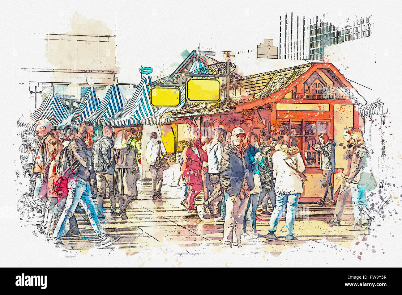 Ein Aquarell Skizze oder eine Abbildung. Feiert das Oktoberfest. Menschen gehen auf die Straße Markt auf dem berühmten Alexanderplatz. Viele Stände Stockfoto