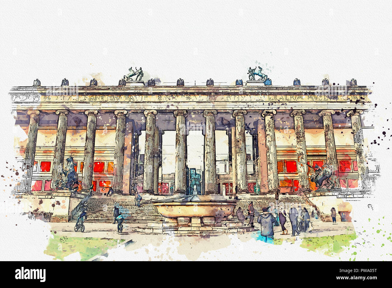 Ein Aquarell Skizze oder eine Abbildung. Altes Museum oder Altes Museum. Kunst Museum in Berlin auf der Museumsinsel. Stockfoto
