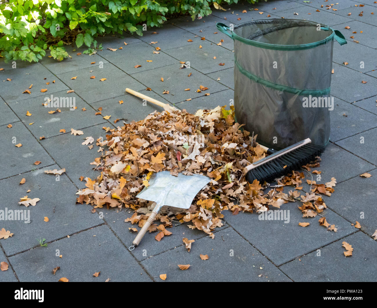 Fallende Blätter im Autom generiert eine Menge Arbeit, um es sauber Stockfoto