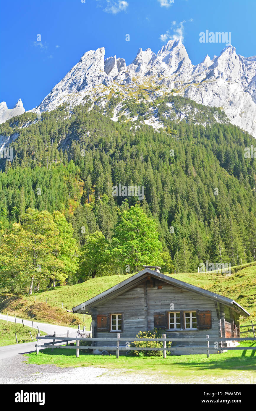 Das Engelhorn Bergen oberhalb von Grindelwald im Berner Oberland, Schweiz. Mit einem Schweizer Chalet im Vordergrund. Stockfoto