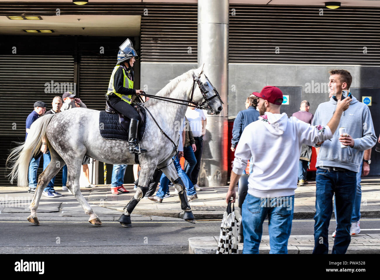 Demokratische Fußball Jungs Allianz DFLA Mitglieder brach Polizeicordon während einer Demonstration und kämpfte mit der Polizei. Berittene Polizei Frau Stockfoto