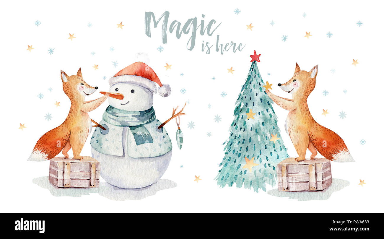 Aquarell Frohe Weihnachten Abbildung mit Schneemann, Weihnachtsbaum, Urlaub süße Tiere Fuchs, Hase und Igel. Weihnachtsfeier Karten. Wi Stockfoto