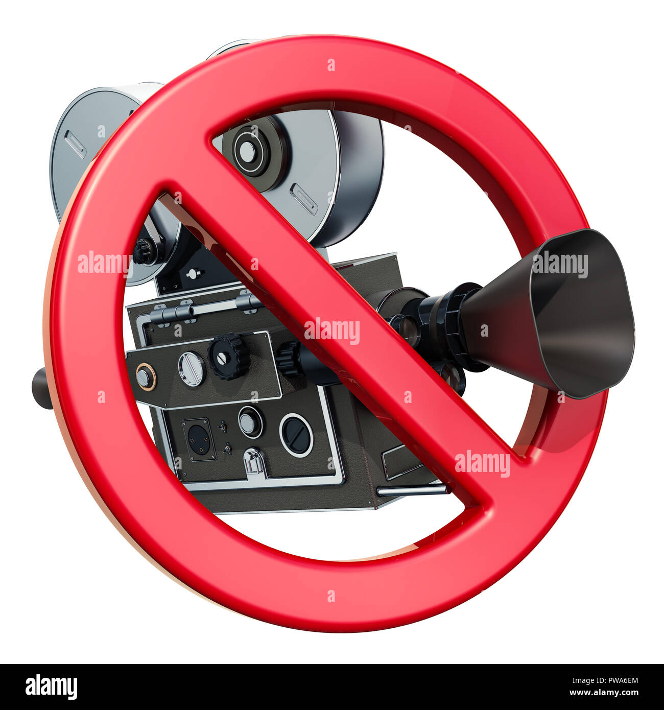 Verboten Schild mit Film Kamera. 3D-Rendering auf weißem Hintergrund Stockfoto