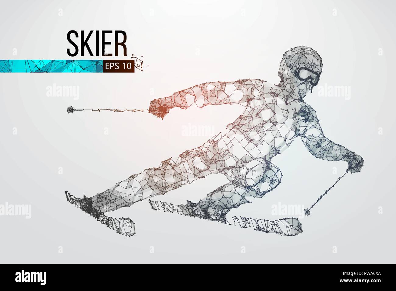 Silhouette eines Skifahrers isoliert springen. Punkte, Linien, Dreiecke, Text, Farbe, Effekte und Hintergrund auf einem separaten Layer, Farbe kann geändert werden, c Stock Vektor