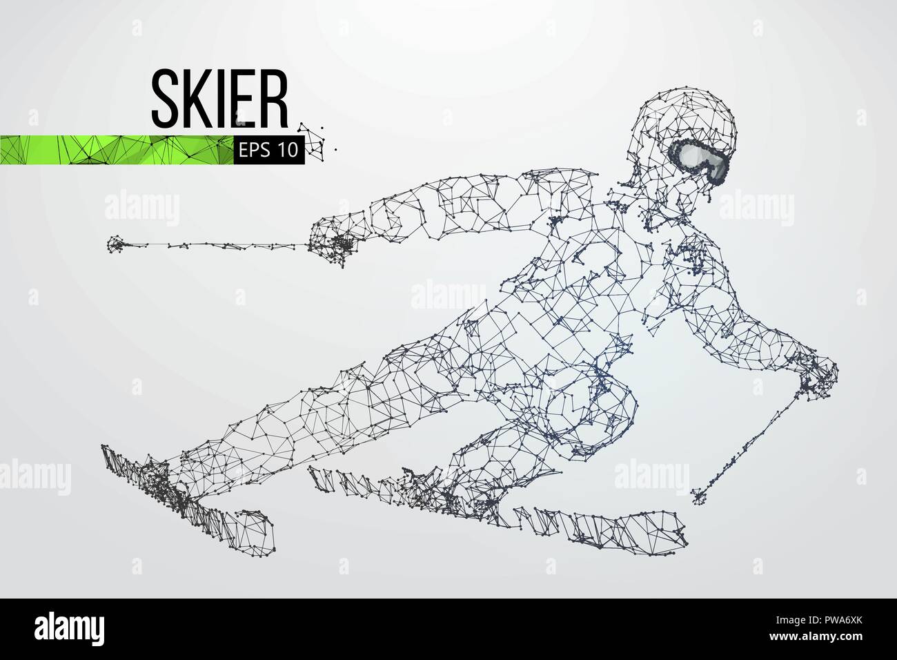 Silhouette eines Skifahrers isoliert springen. Punkte, Linien, Dreiecke, Text, Farbe, Effekte und Hintergrund auf einem separaten Layer, Farbe kann geändert werden, c Stock Vektor