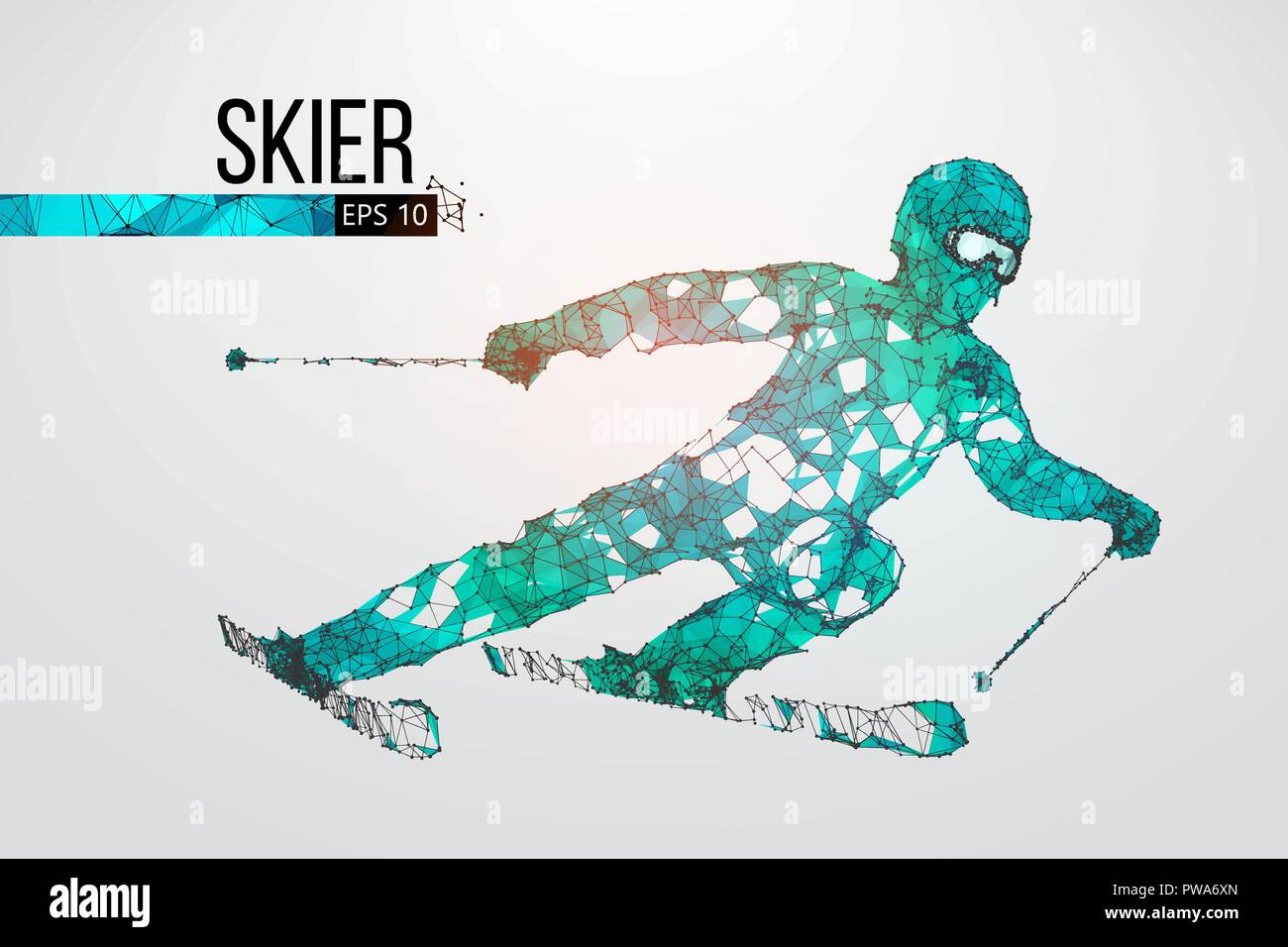 Silhouette eines Skifahrers isoliert springen. Punkte, Linien, Dreiecke, Text, Farbe, Effekte und Hintergrund auf einem separaten Layer, Farbe kann geändert werden, c Stock Vektor